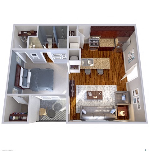 Floor plan for 1 bed, 1 bath, 522 sqft